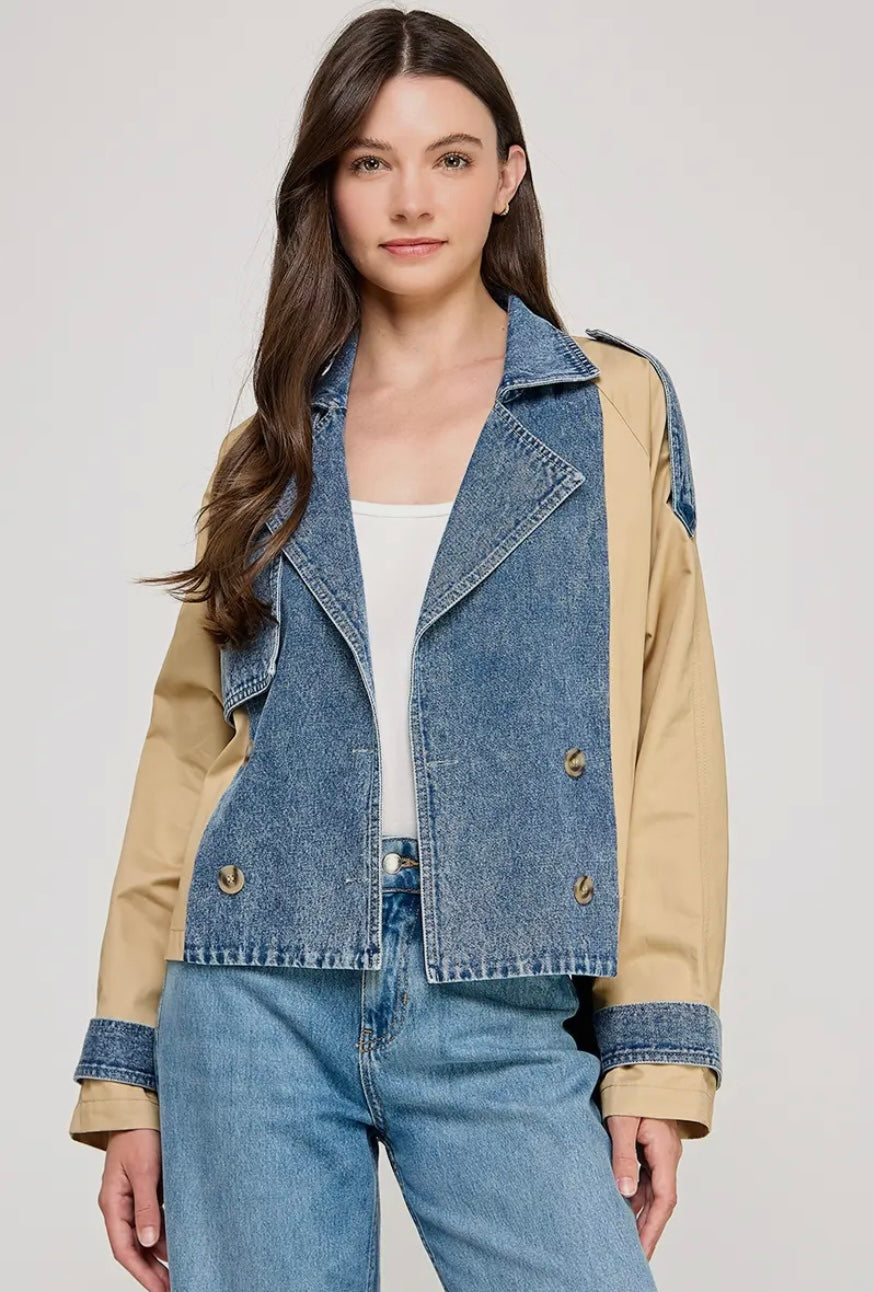Duo Color Cropped Trench Jacket - Denim