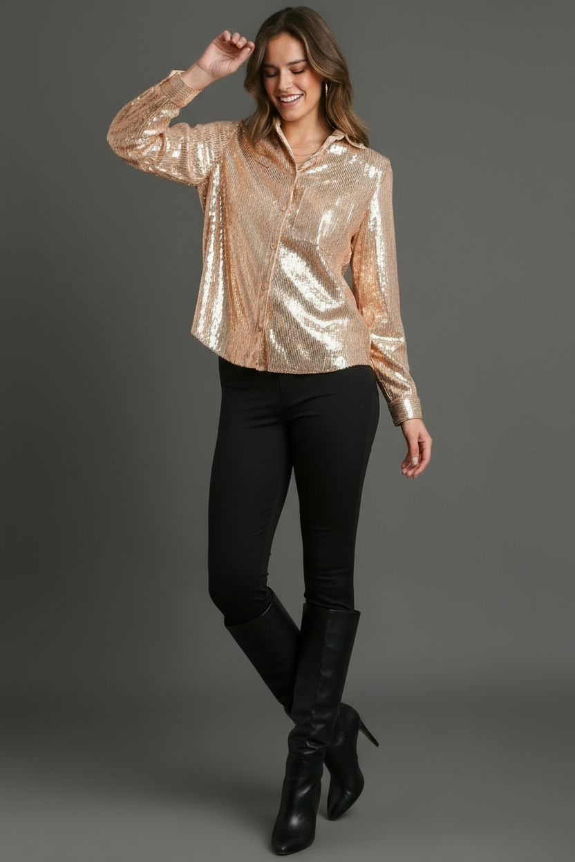 Sequin Collared Long Sleeve Shirt