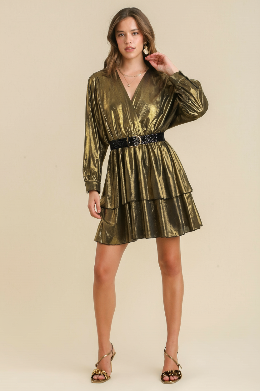 Surplice Neck Metallic Dress