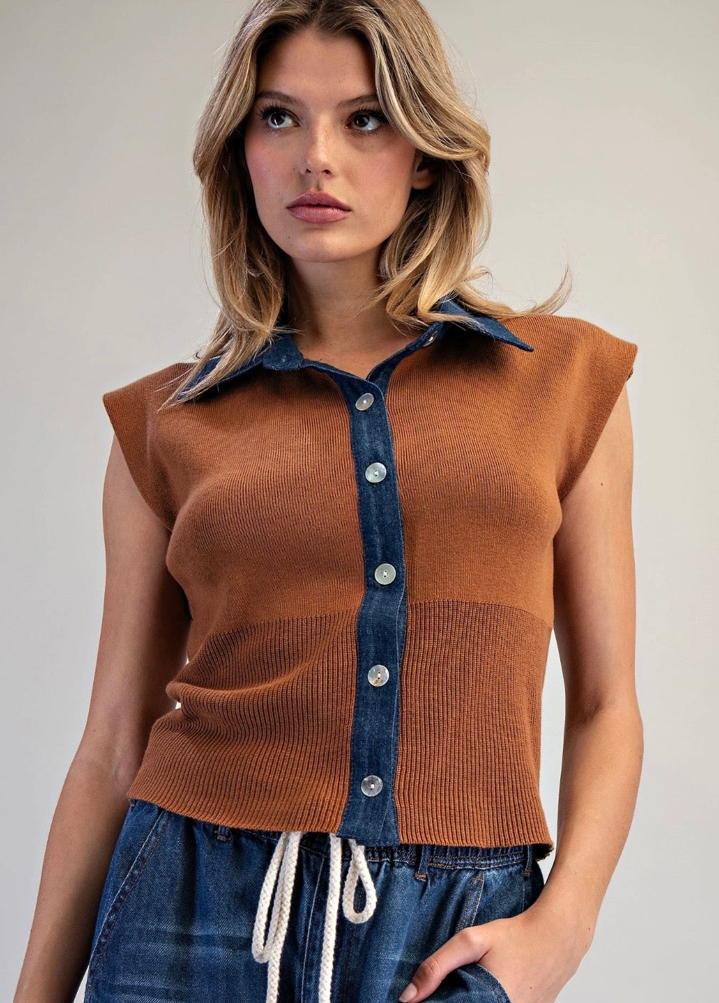 Denim Contrast Cap Sleeve Knit Top - Coco