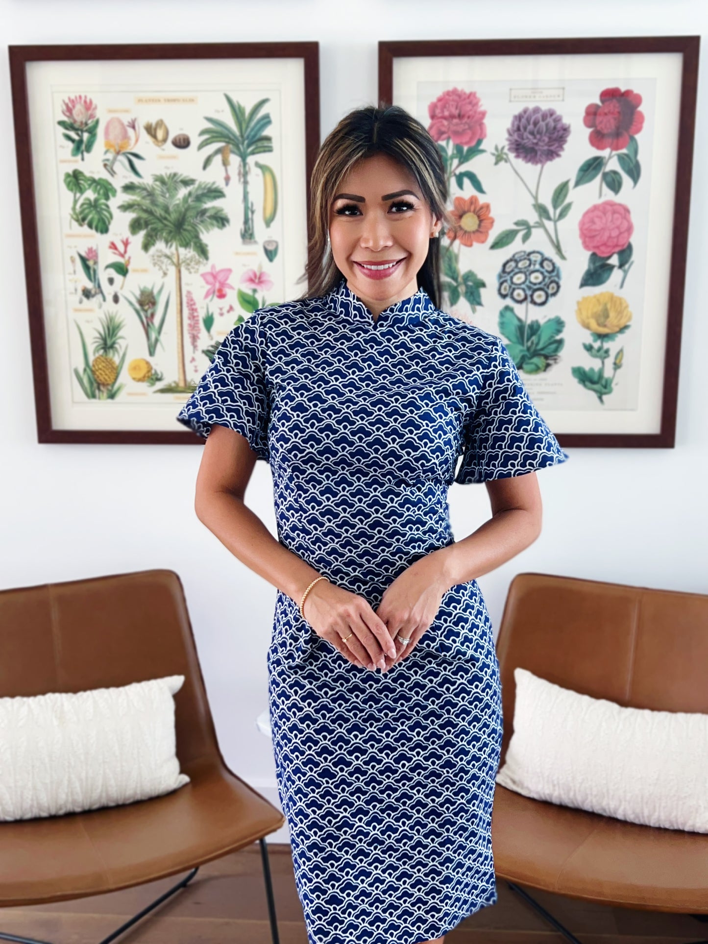 Cloud Navy Sleeve Cheongsam Dress