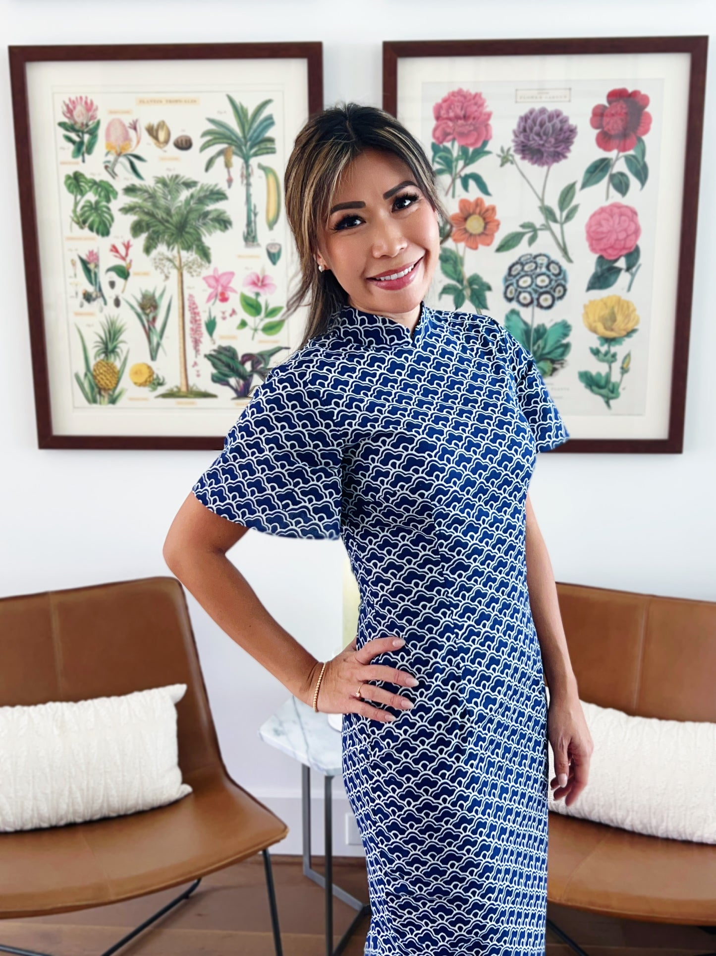 Cloud Navy Sleeve Cheongsam Dress