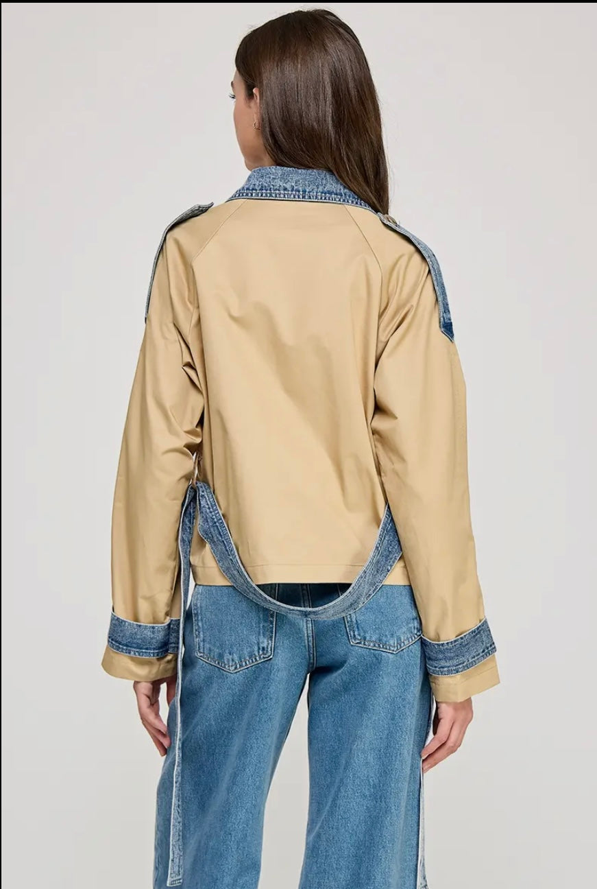 Duo Color Cropped Trench Jacket - Denim