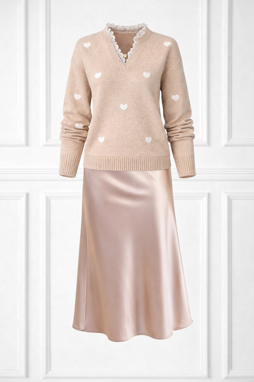 Heart Print Lace Trim Sweater