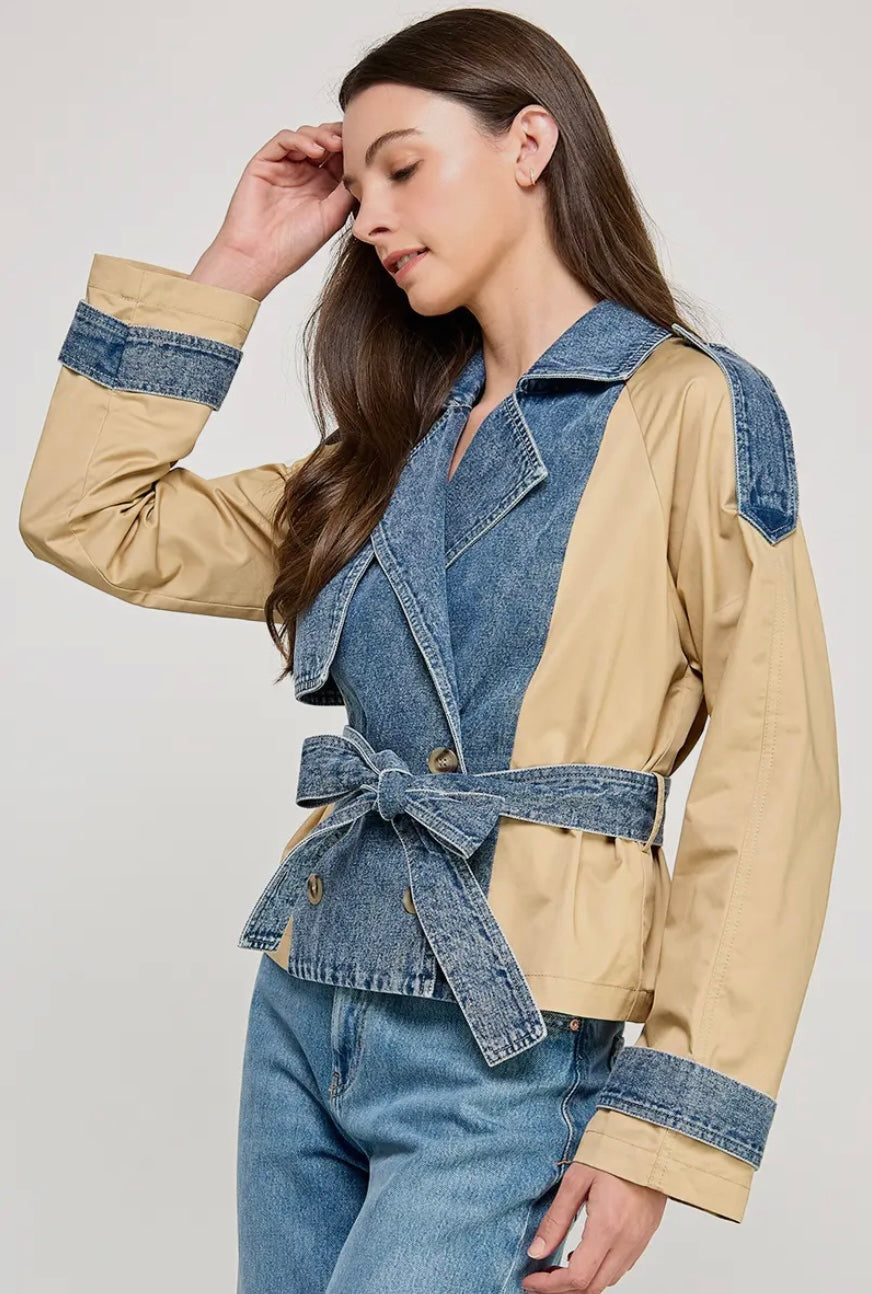 Duo Color Cropped Trench Jacket - Denim
