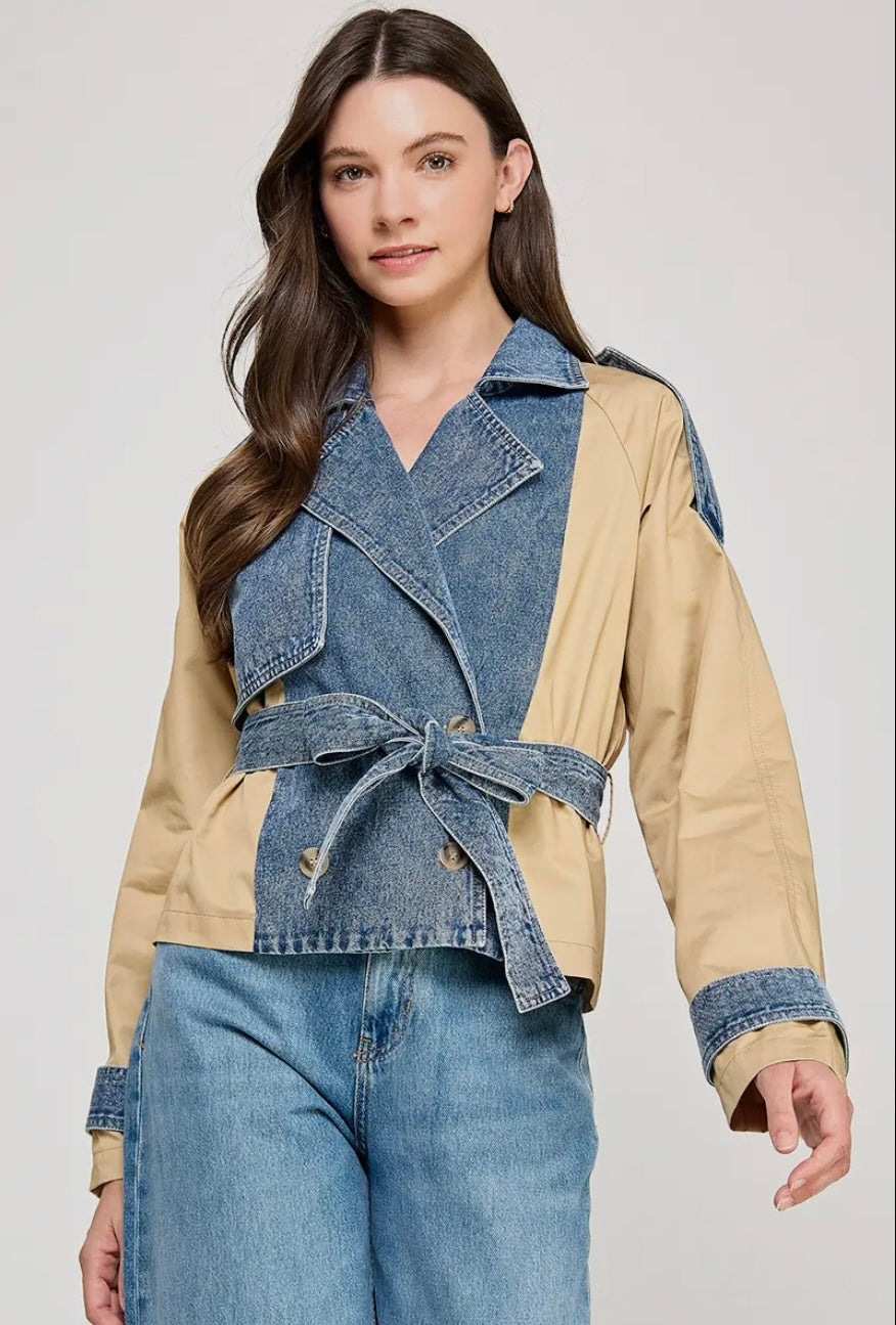 Duo Color Cropped Trench Jacket - Denim