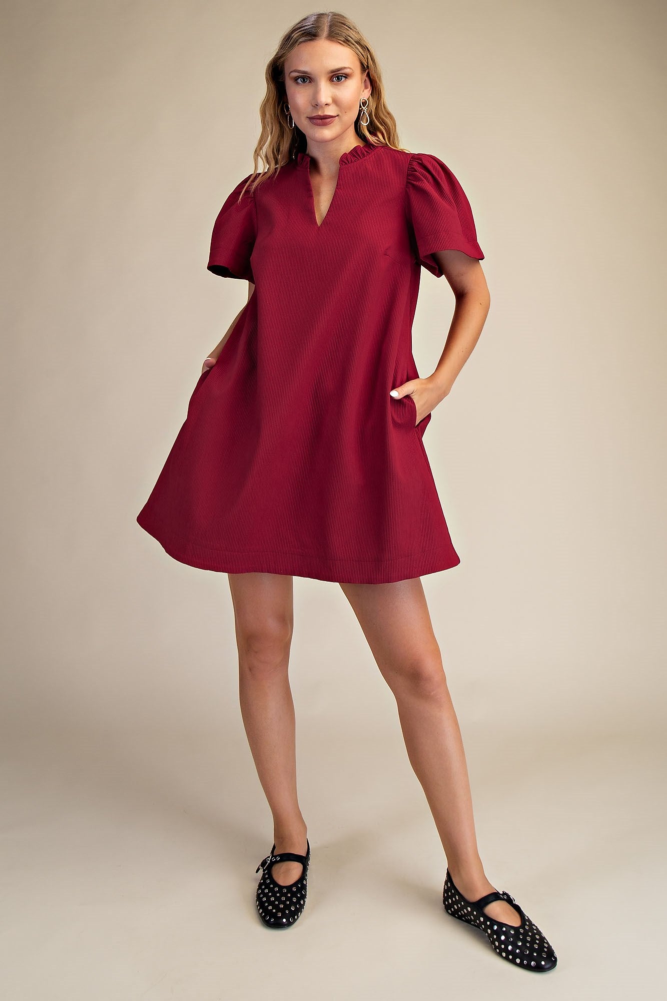 Ruffle V-Neck Mini Dress - Burgundy