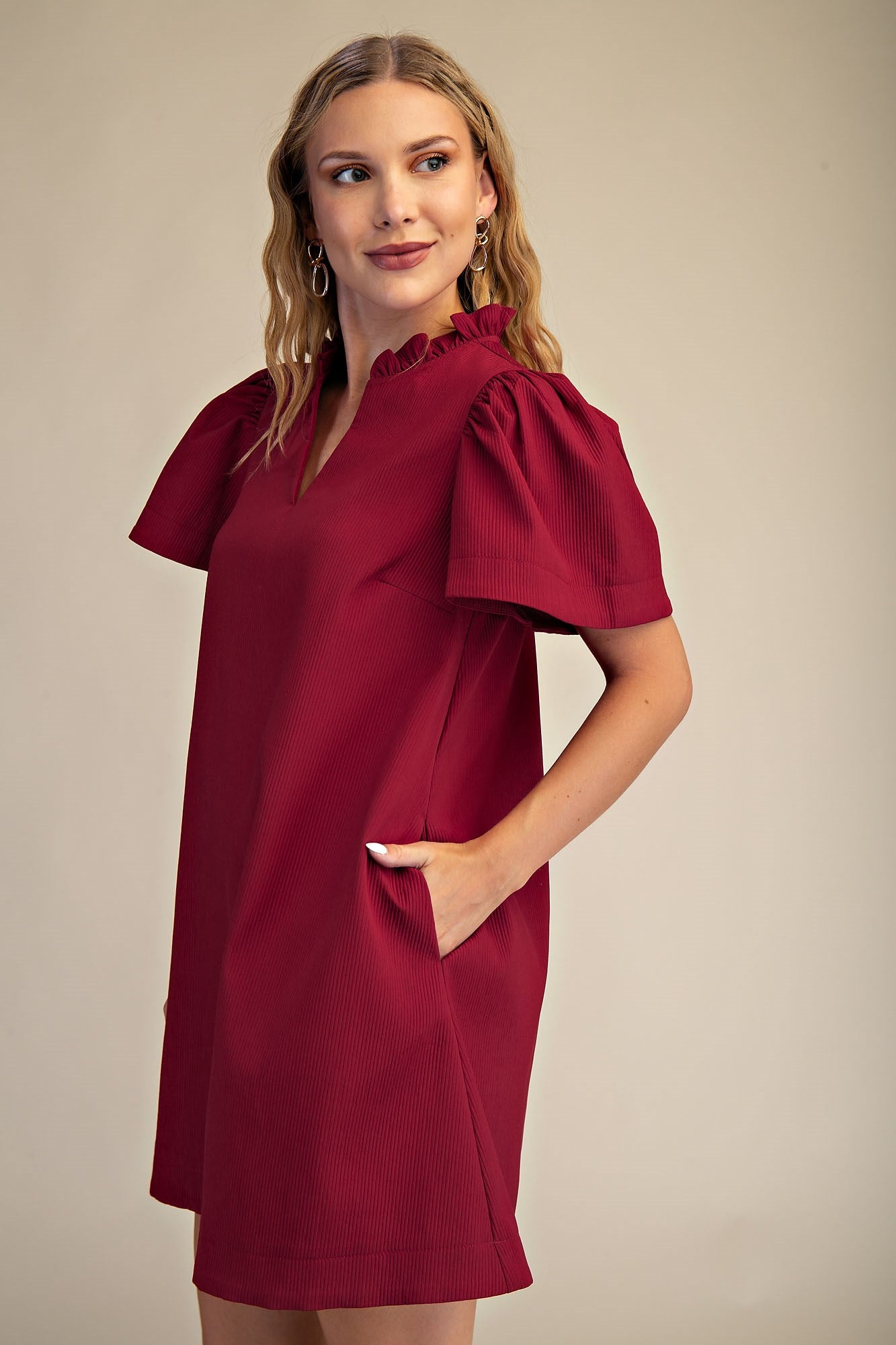 Ruffle V-Neck Mini Dress - Burgundy