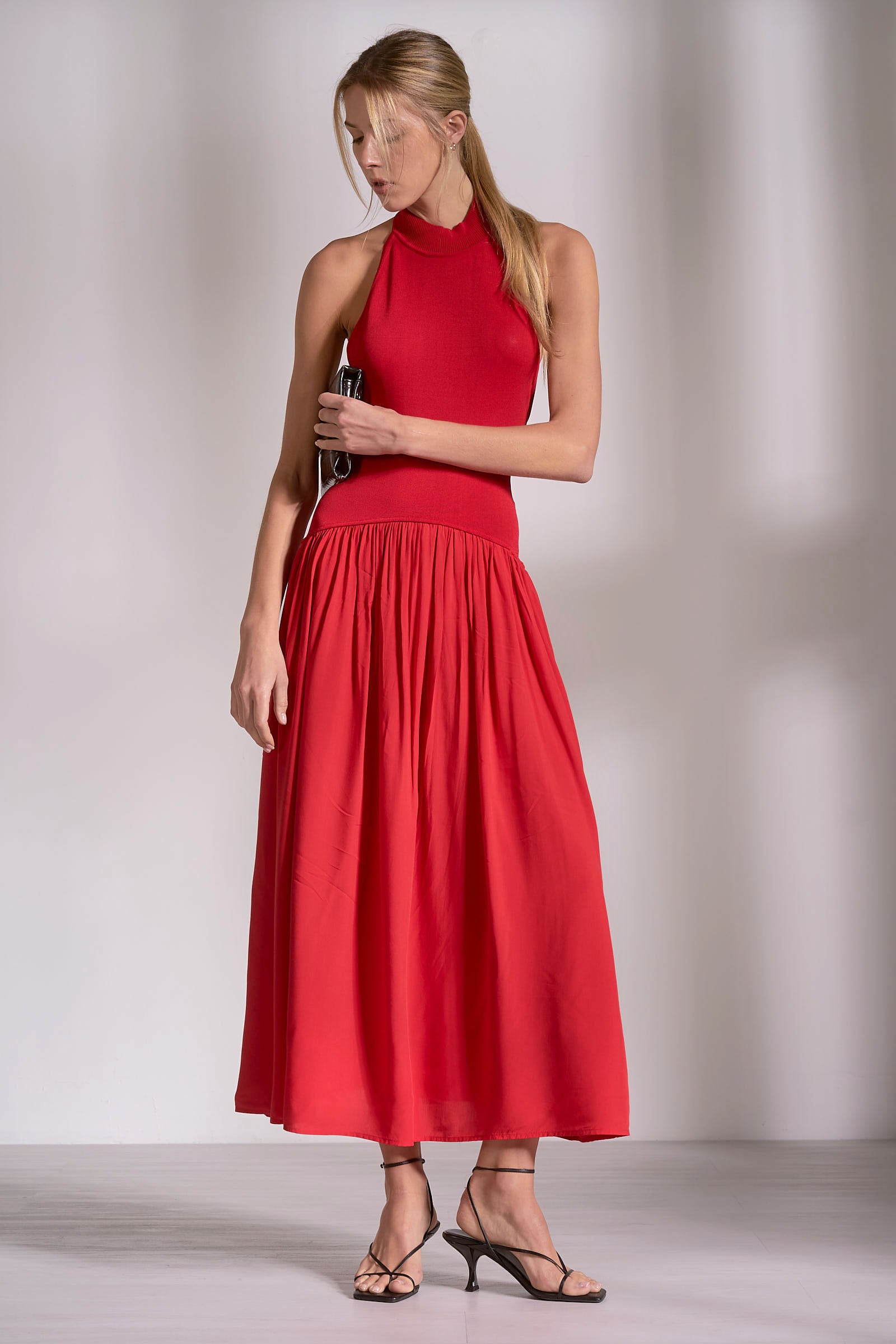 Red Halter Midi Dress