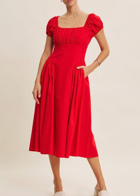 Drop Waist Cotton Midi Dress - Poppy Red