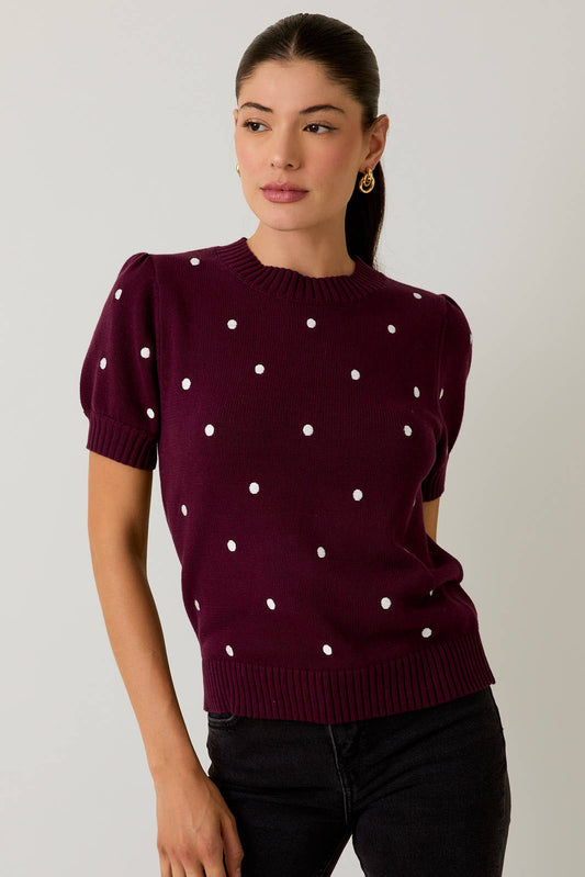 Puff Sleeve Polka Dot Sweater - Plum or Black