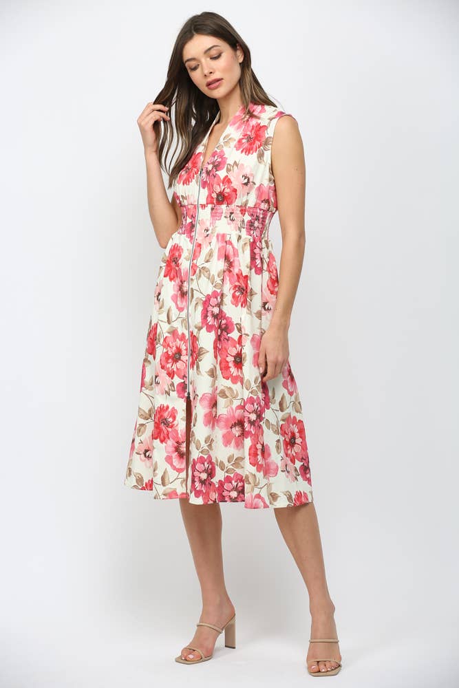 Floral Smocked Waist Front Zip Dress
