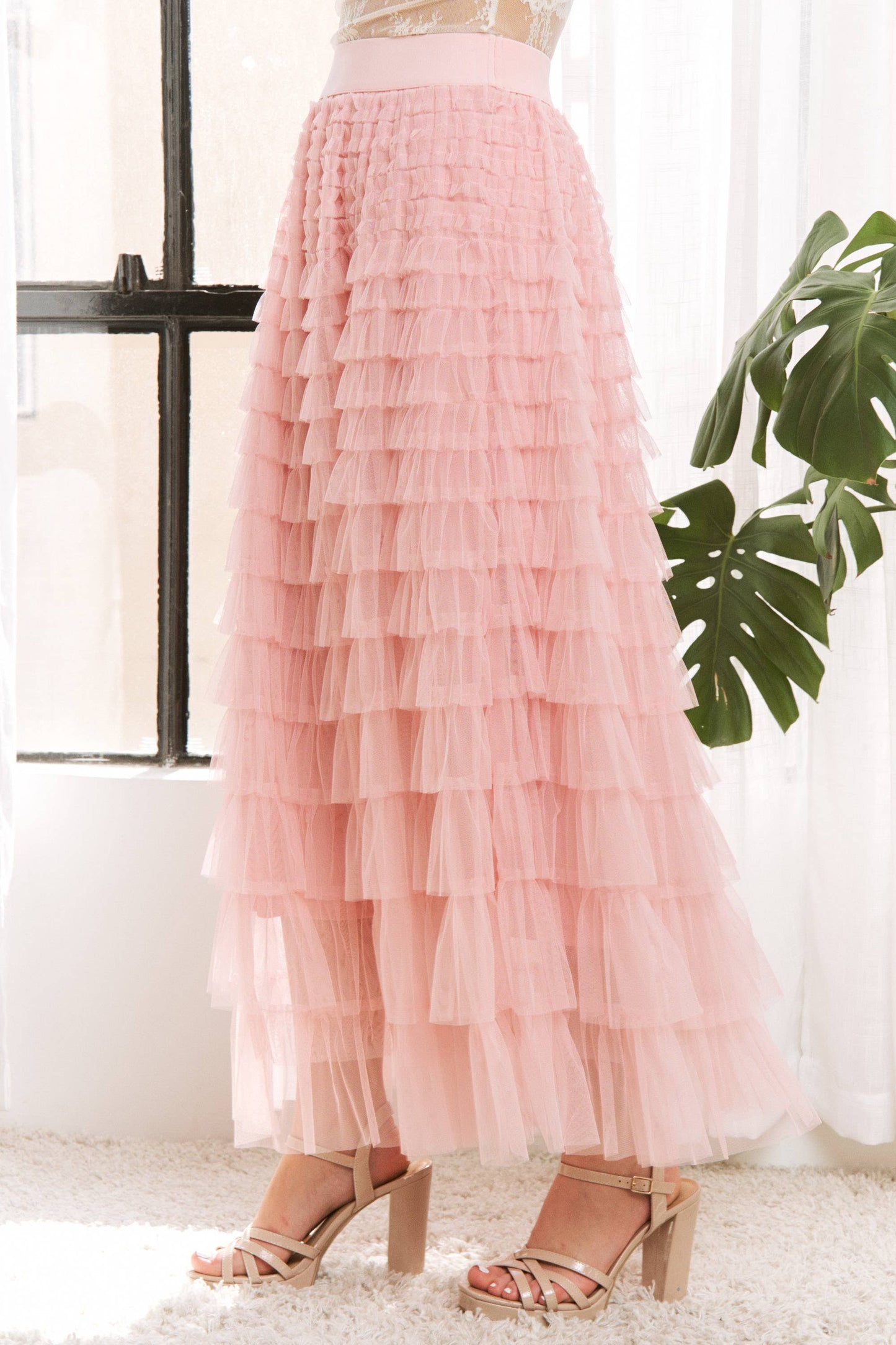 Cascading Tulle Tiered Maxi Skirt - Dusty Rose