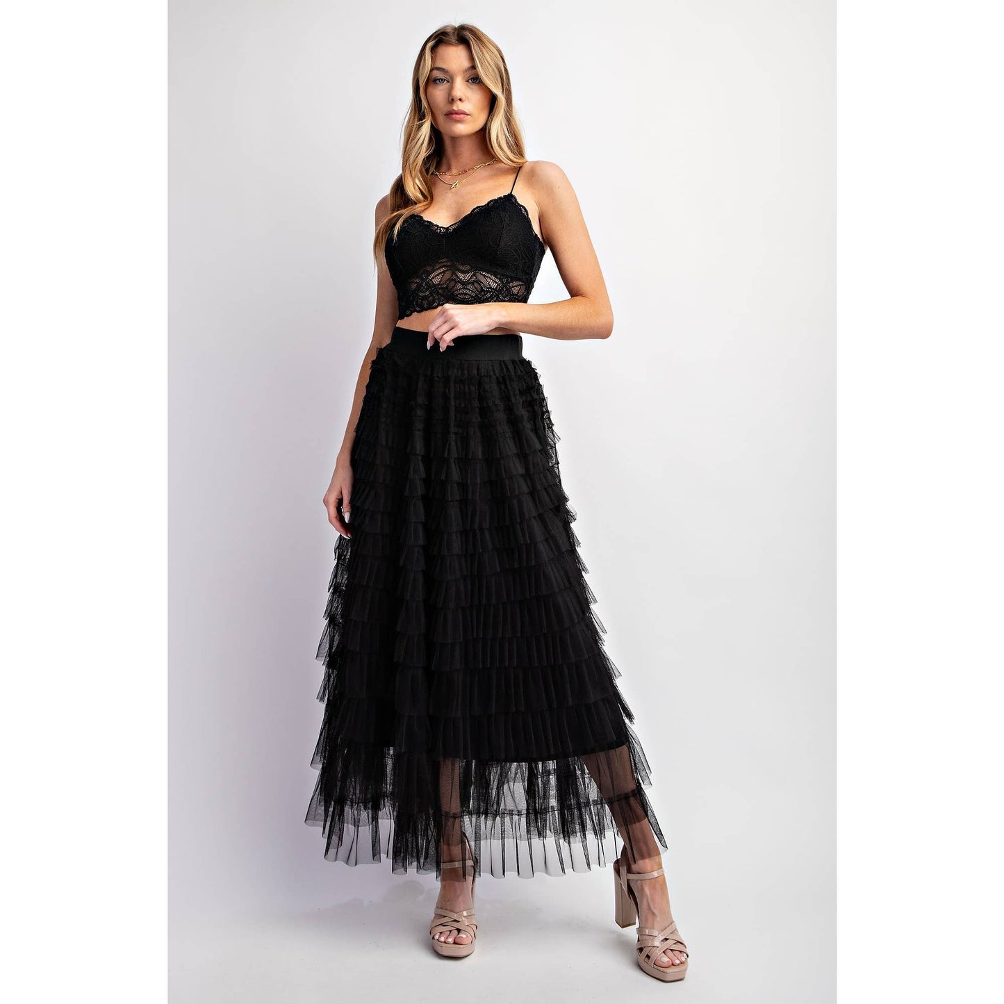 Cascading Tulle Tiered Maxi Skirt - Black