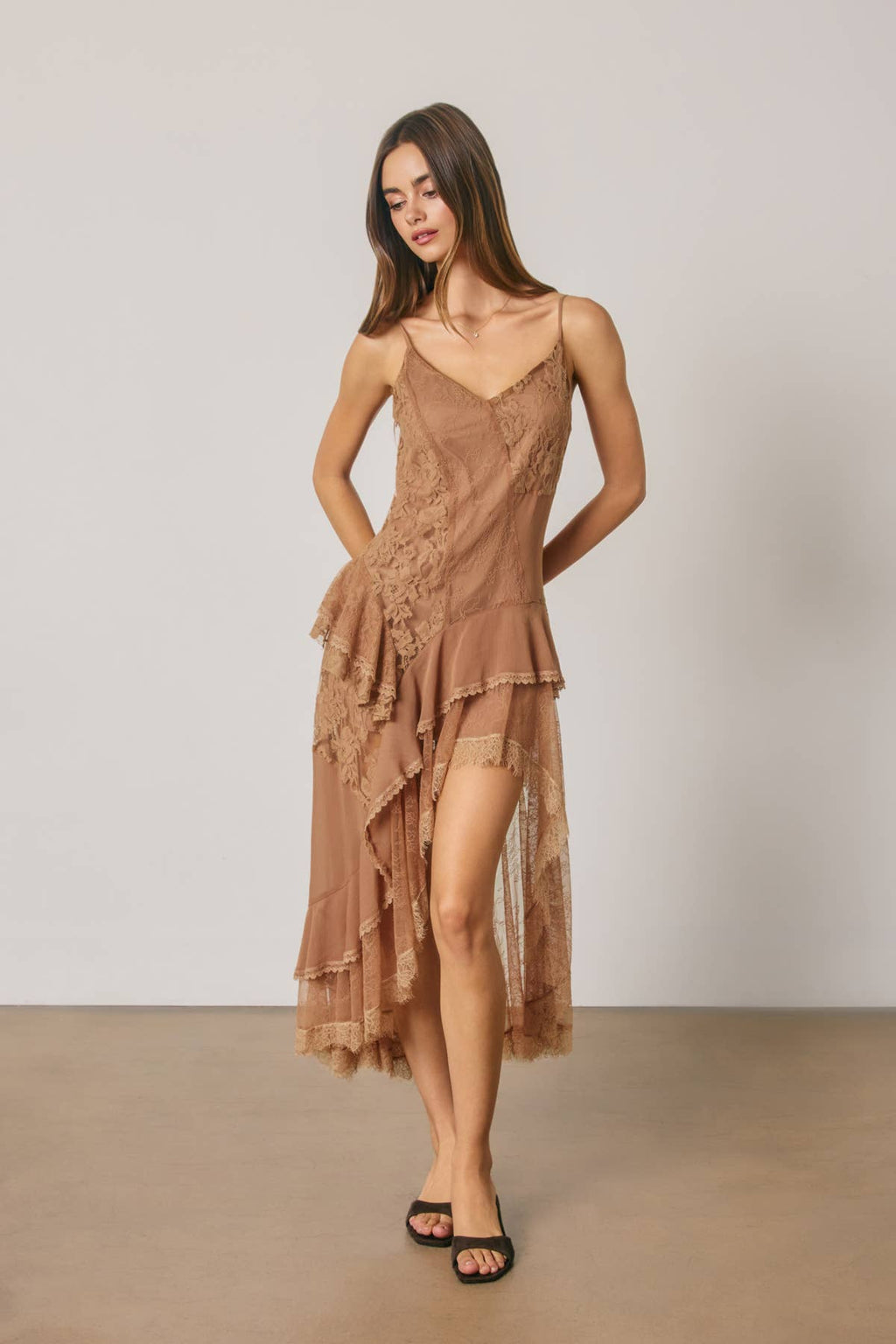 Lace Asymmetrical Tiered Midi Dress