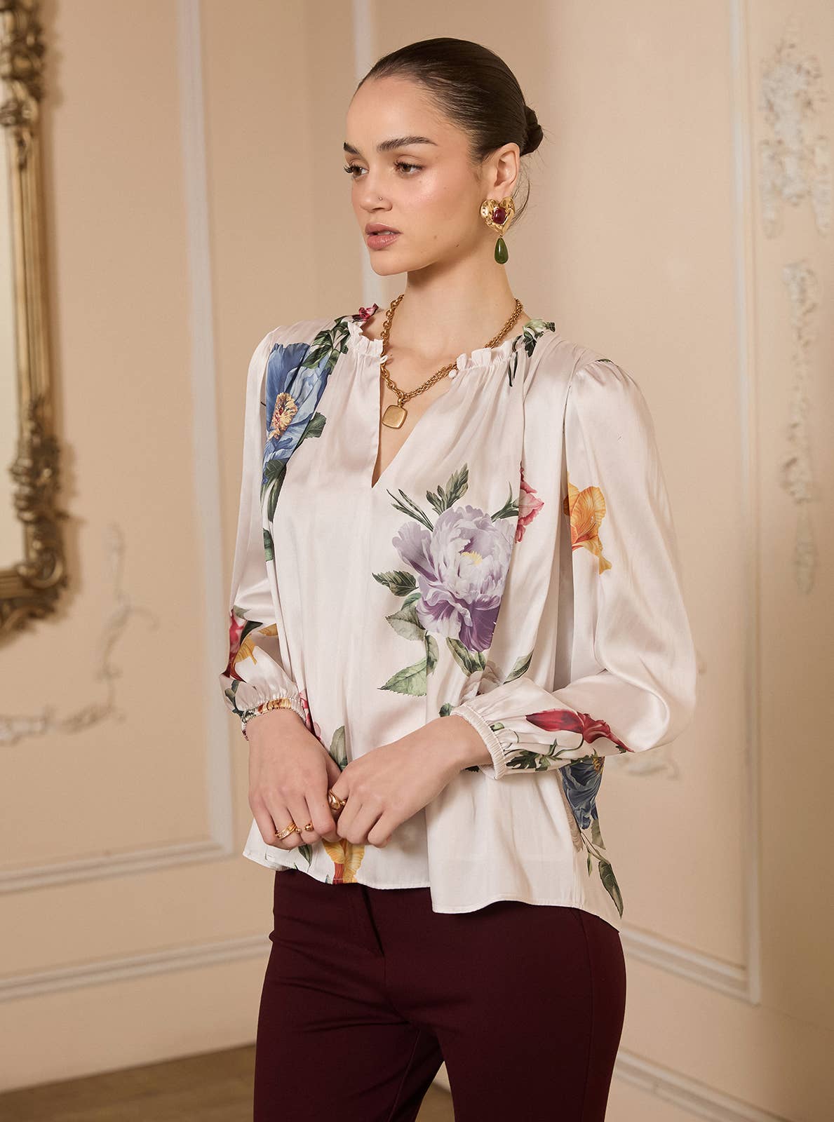 Floral Ruffled Neck Blouse