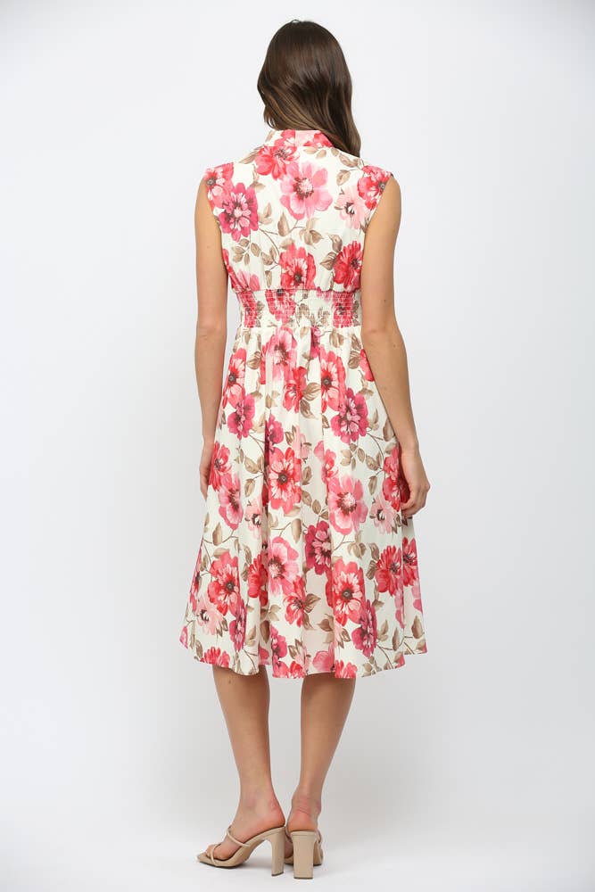 Floral Smocked Waist Front Zip Dress