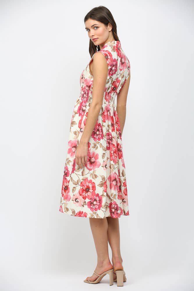 Floral Smocked Waist Front Zip Dress
