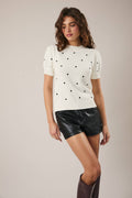Puff Sleeve Polka Dot Sweater - White
