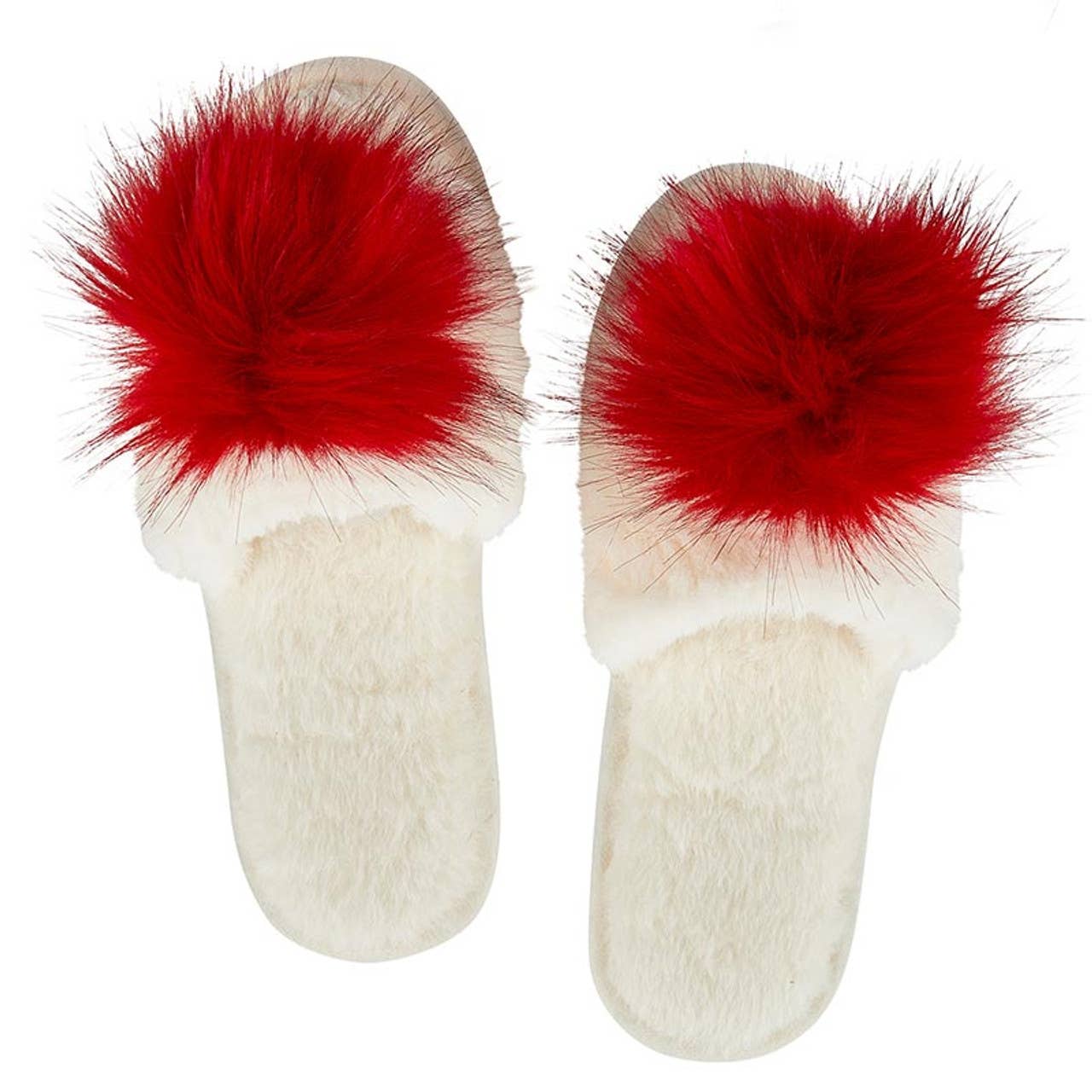 Plush Slippers - Ivory with Red Pom Pom