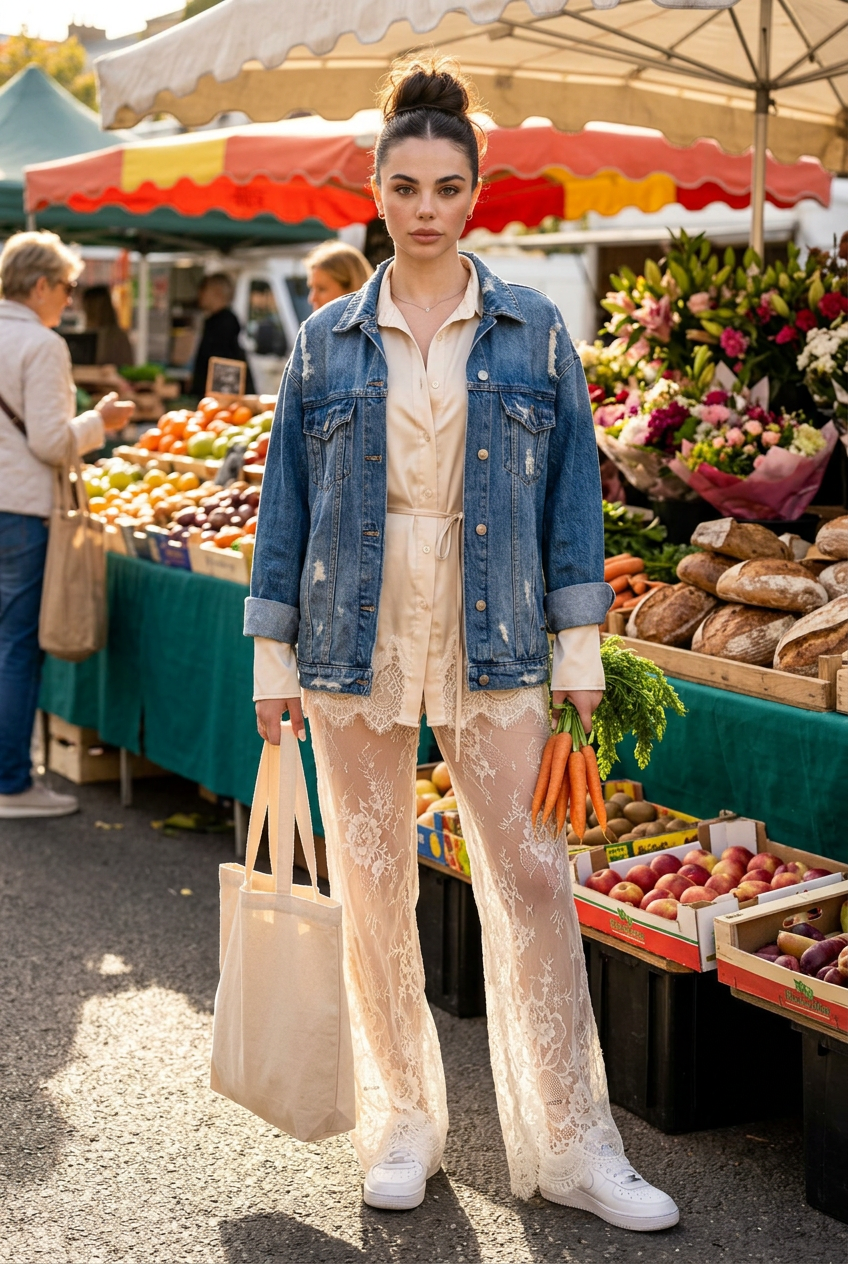 Satin Button Down Top and Lace Pant Set