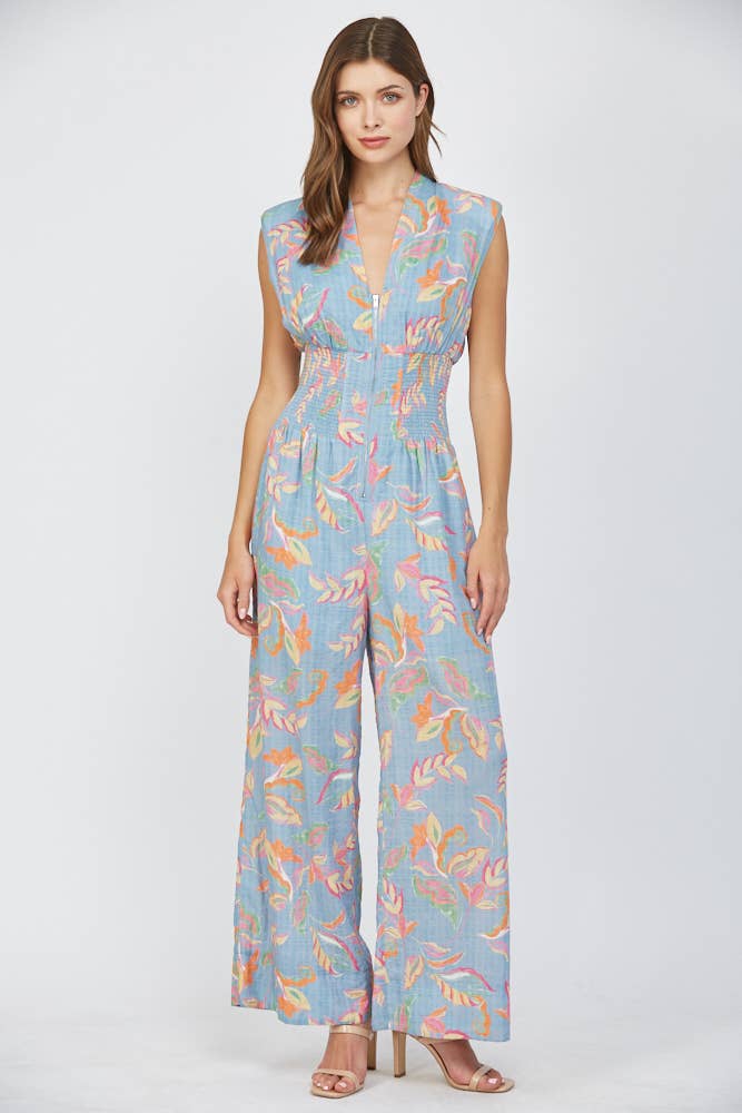 Smocked Waist Front Zip Jumpsuit