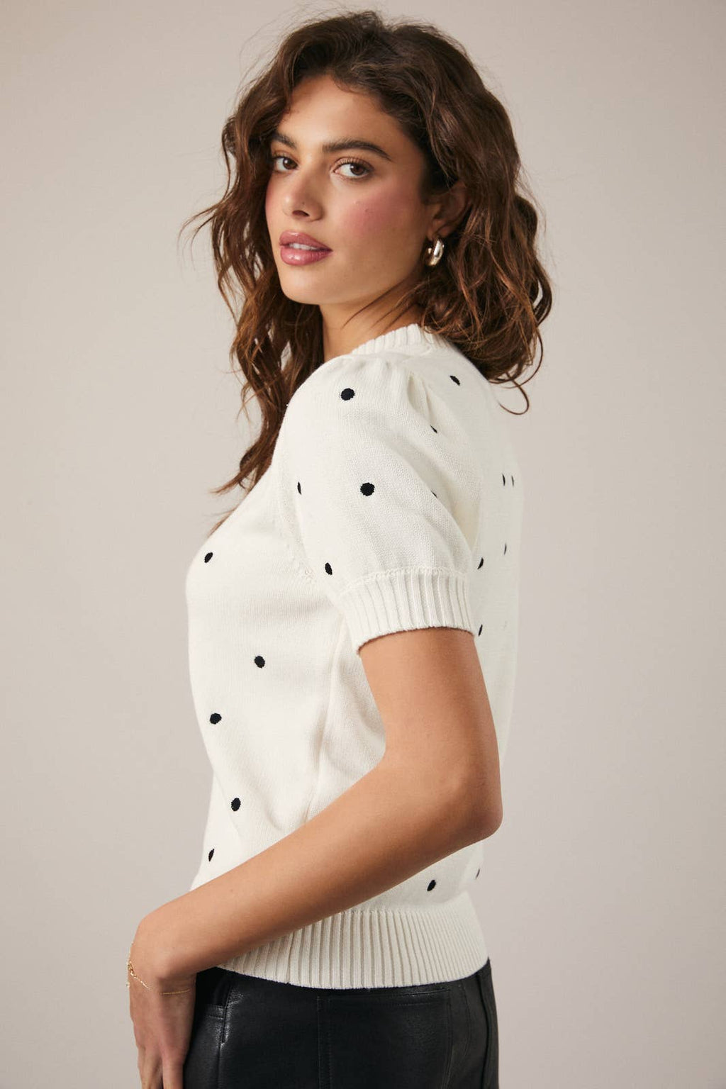 Puff Sleeve Polka Dot Sweater - White