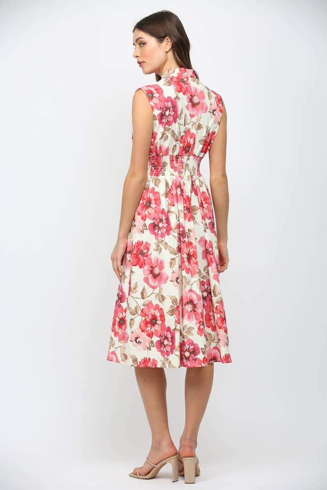 Floral Smocked Waist Front Zip Dress