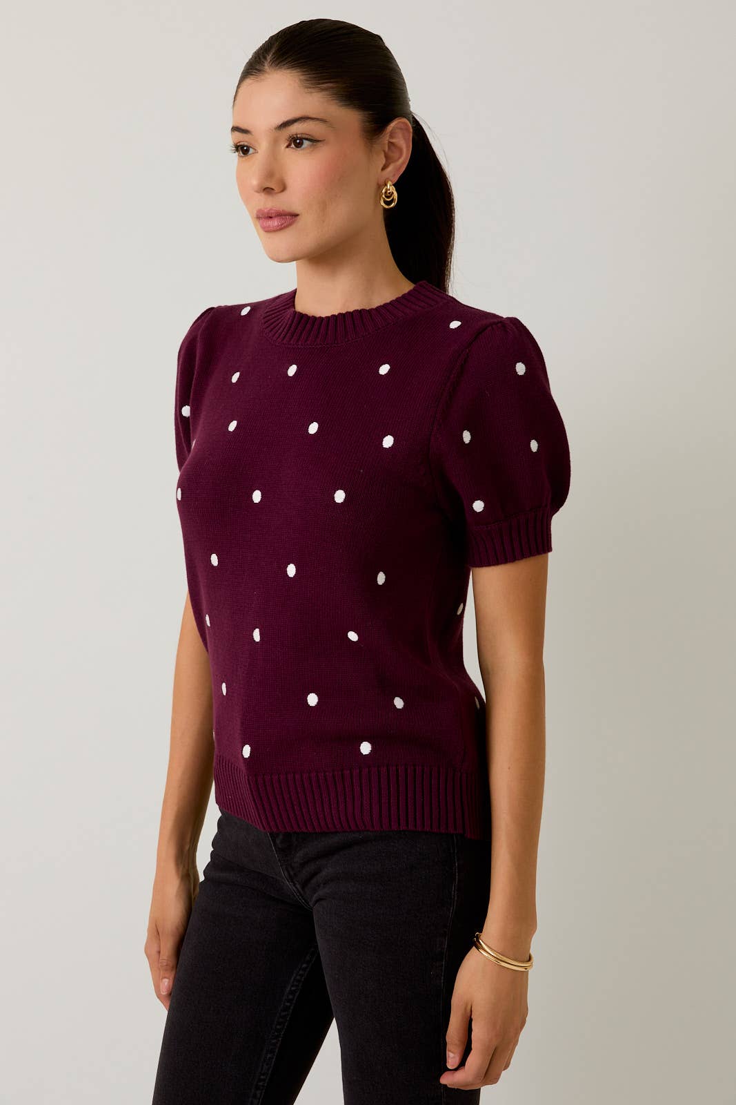 Puff Sleeve Polka Dot Sweater - Plum or Black