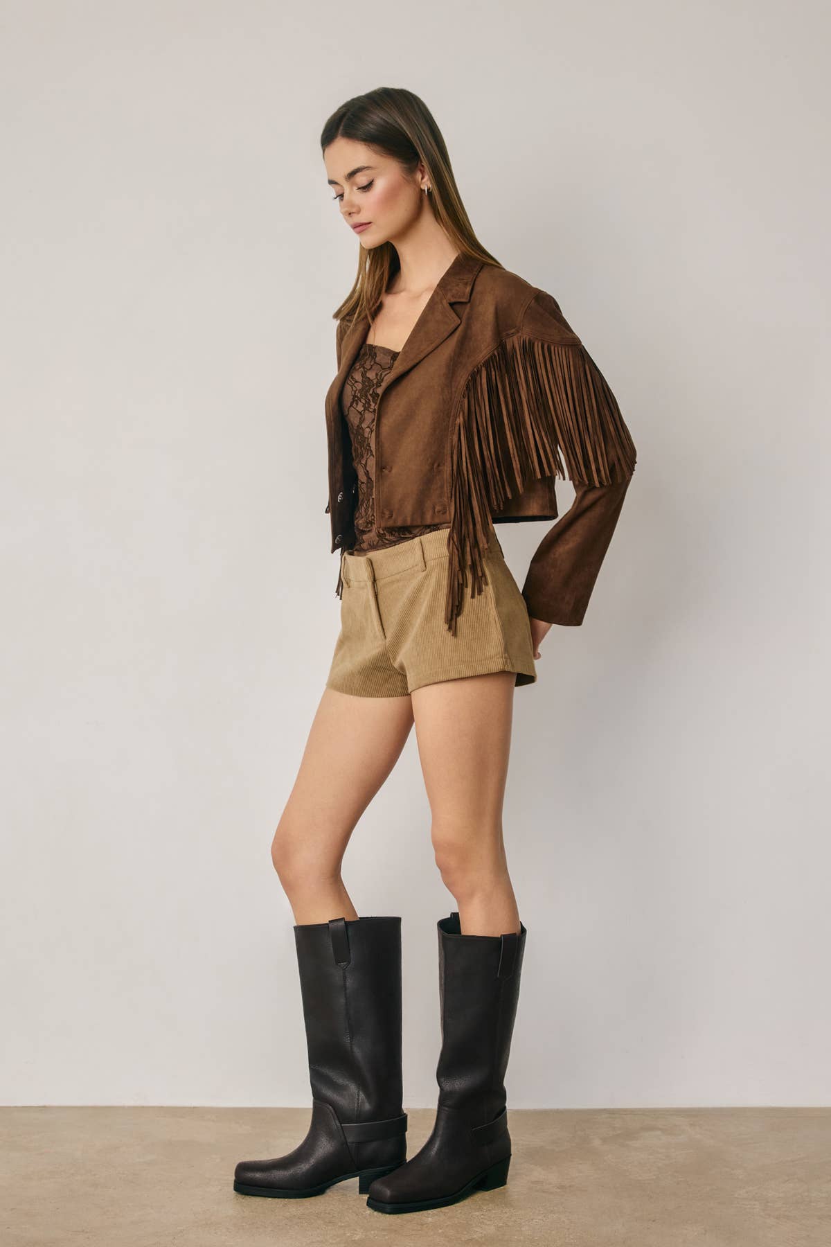 Faux Suede Fringe Cropped Jacket
