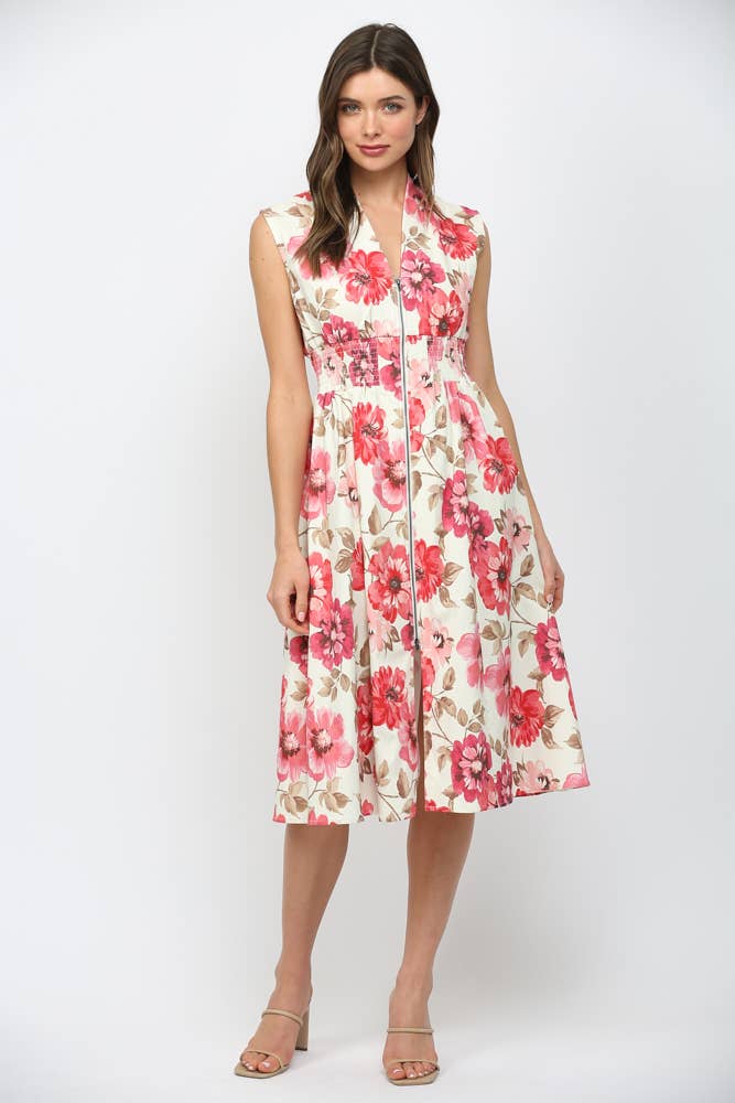 Floral Smocked Waist Front Zip Dress