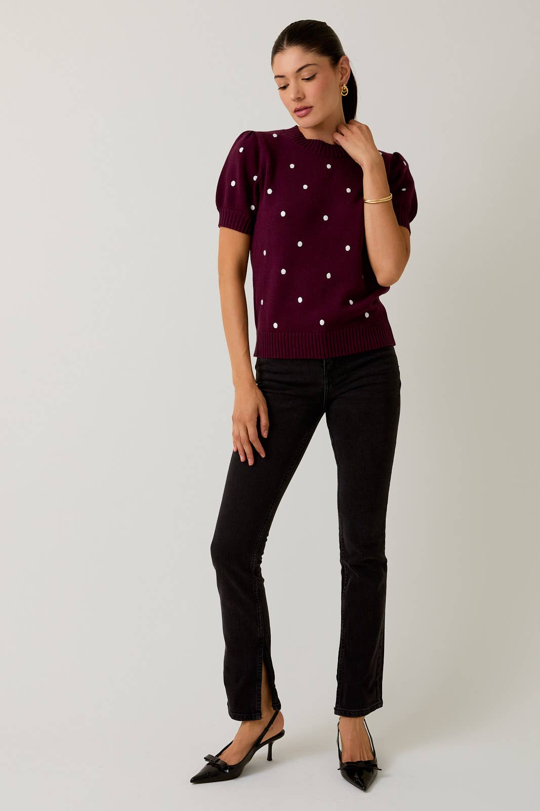 Puff Sleeve Polka Dot Sweater - Plum or Black