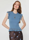 Sheer Ruffle Detail Sweater Top - Dusty Blue