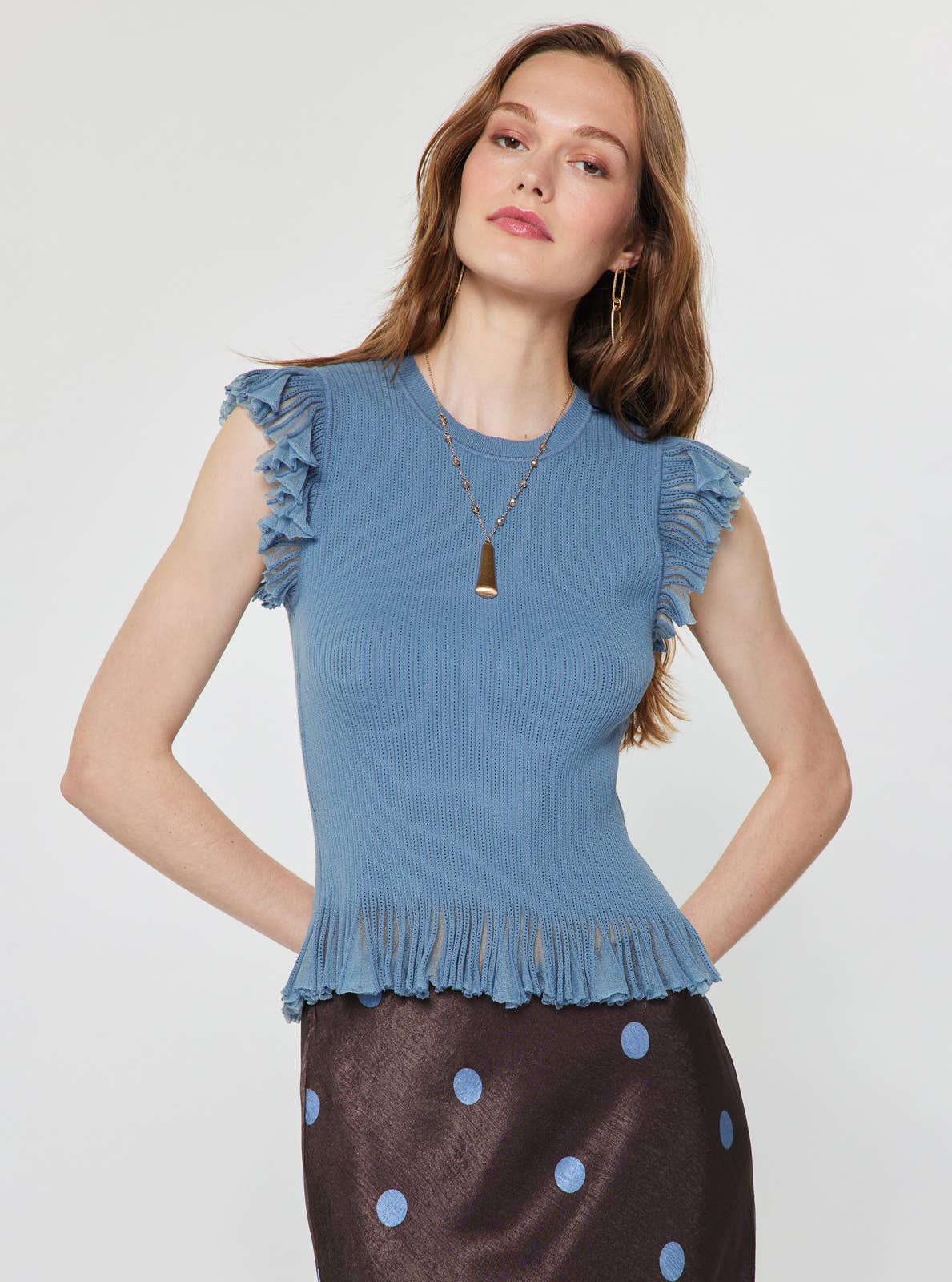 Sheer Ruffle Detail Sweater Top - Dusty Blue