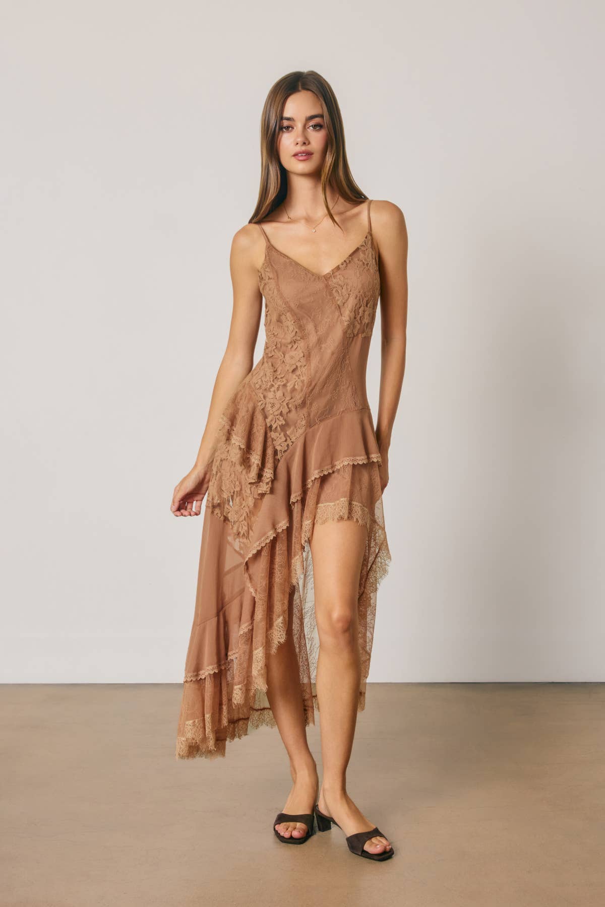 Lace Asymmetrical Tiered Midi Dress