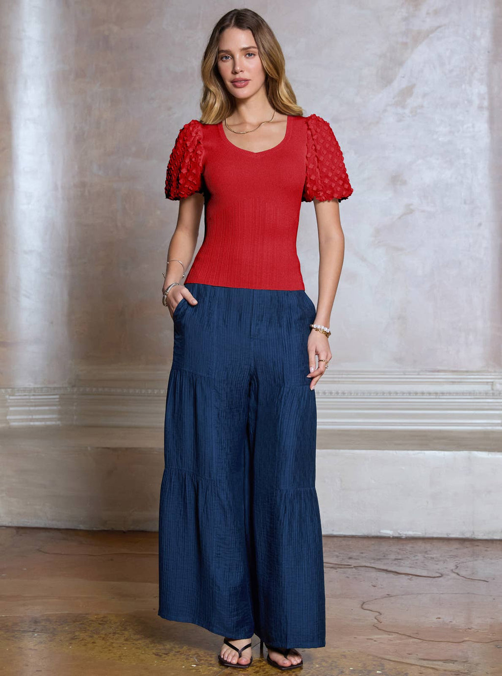 3D Floral Short Sleeve Knit Top - Red