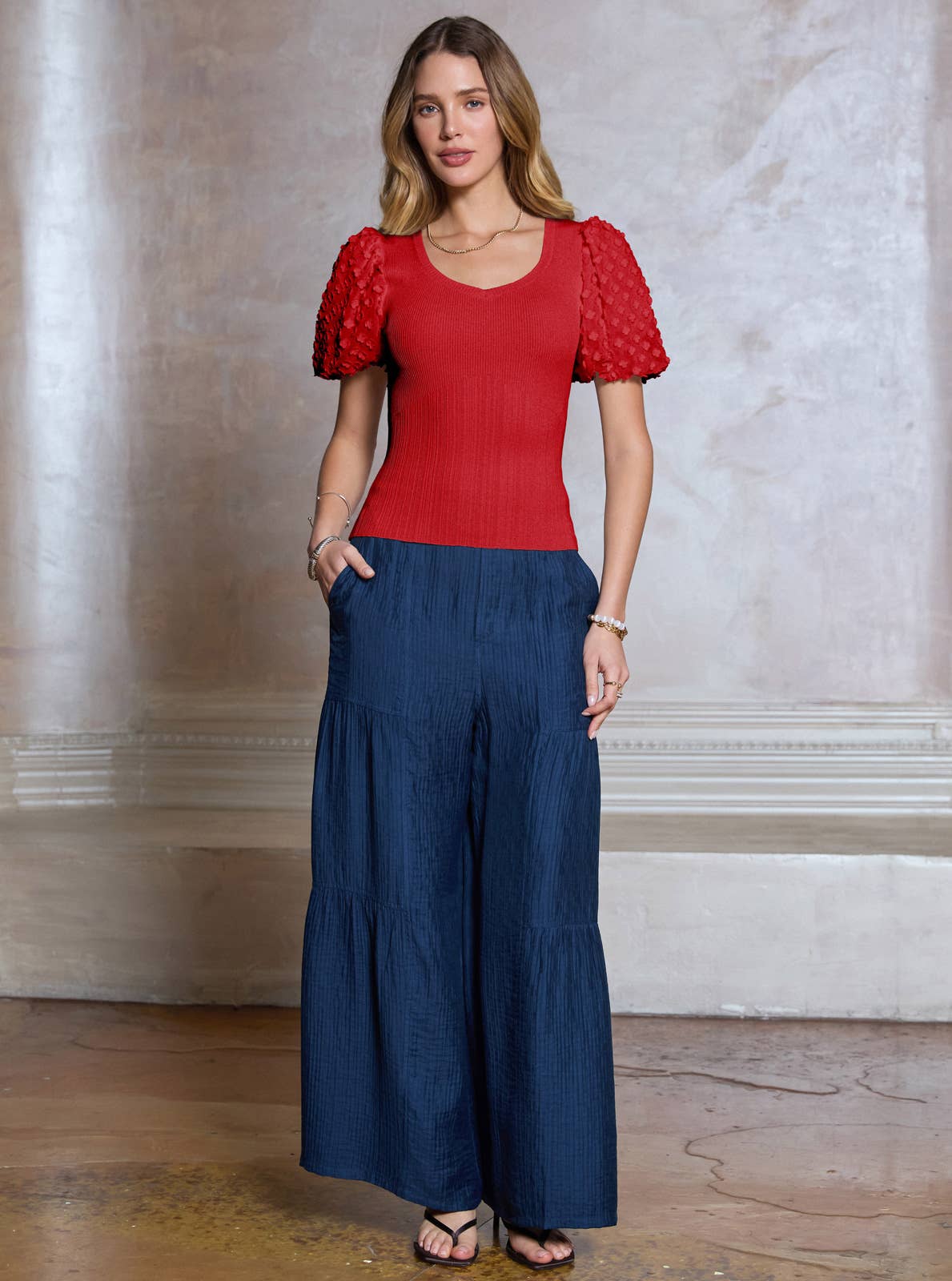 3D Floral Short Sleeve Knit Top - Red
