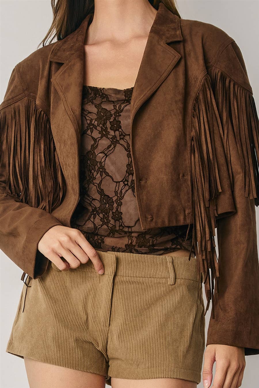 Faux Suede Fringe Cropped Jacket