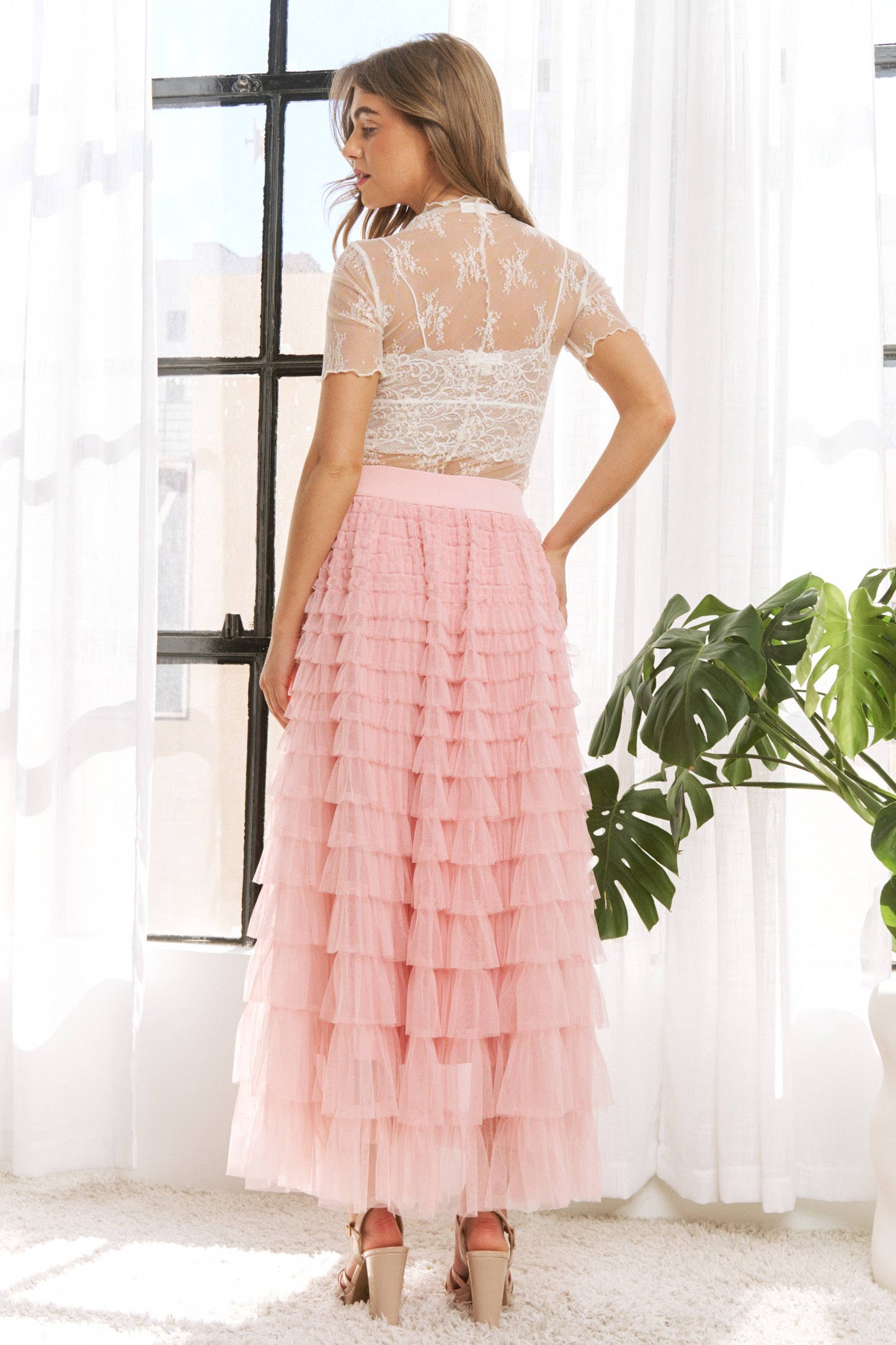 Cascading Tulle Tiered Maxi Skirt - Dusty Rose
