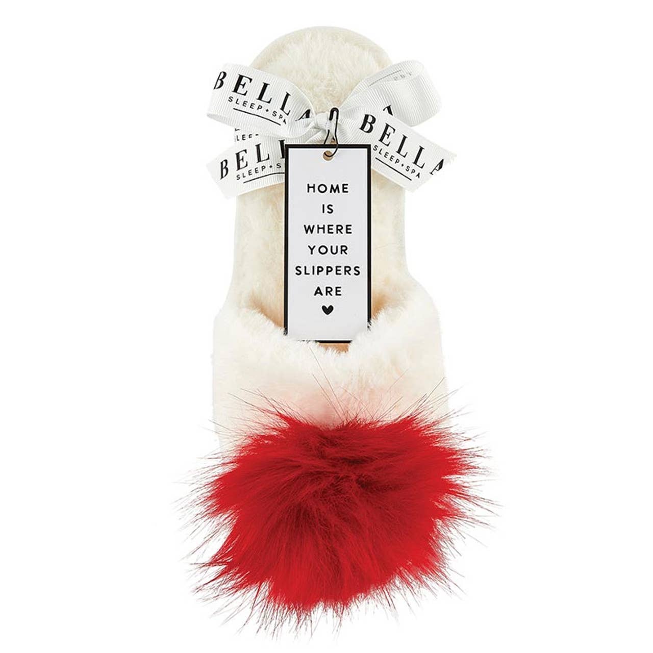 Plush Slippers - Ivory with Red Pom Pom