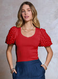 3D Floral Short Sleeve Knit Top - Red