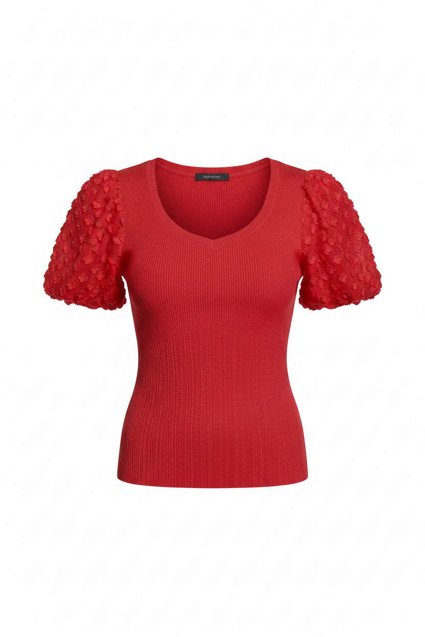 3D Floral Short Sleeve Knit Top - Red