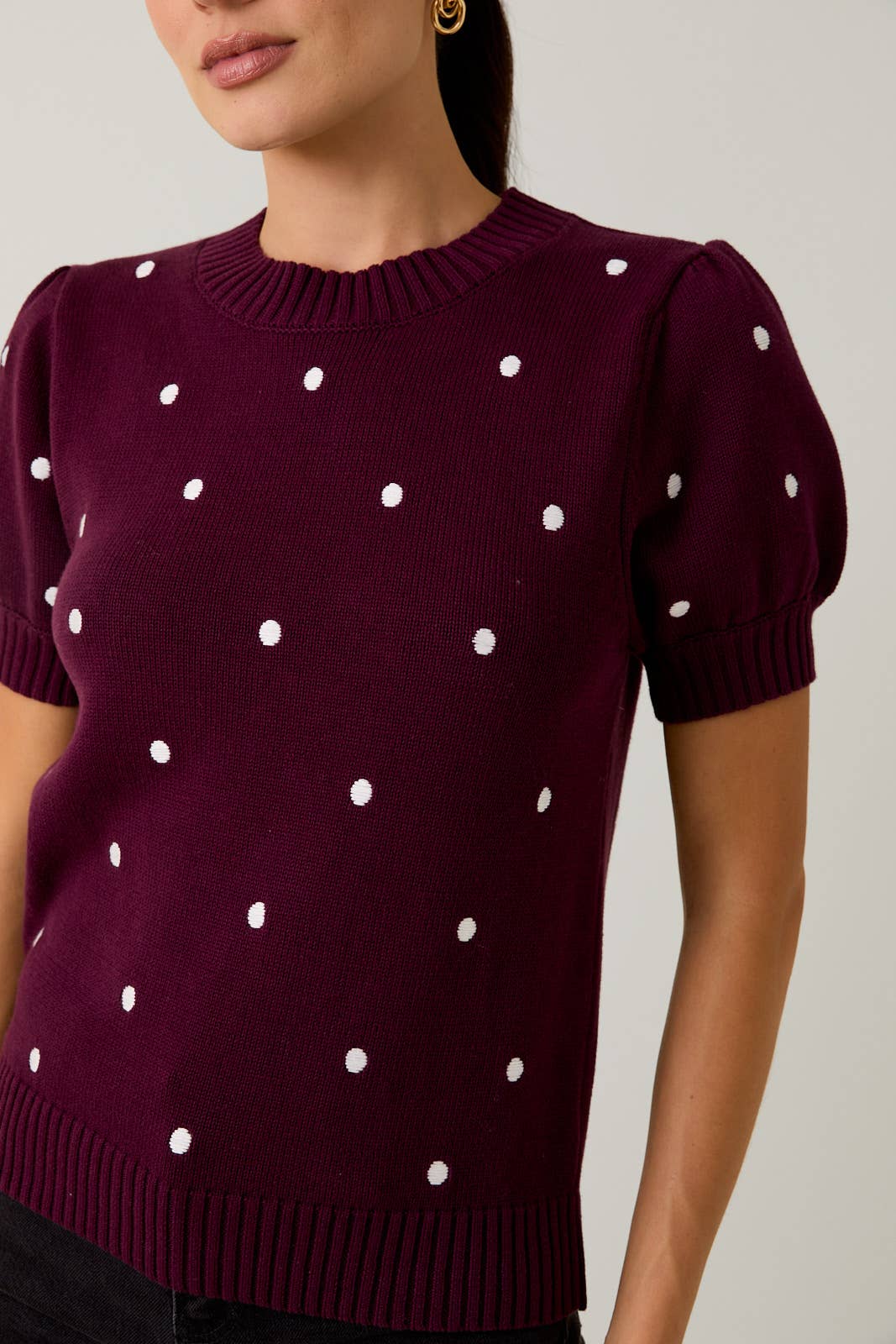 Puff Sleeve Polka Dot Sweater - Plum or Black