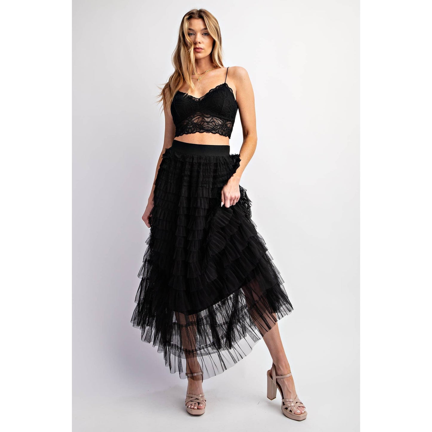 Cascading Tulle Tiered Maxi Skirt - Black