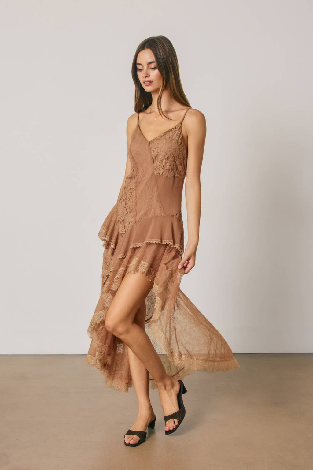 Lace Asymmetrical Tiered Midi Dress