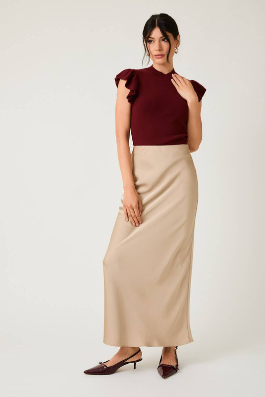 Bias Satin Maxi Skirt - Tan