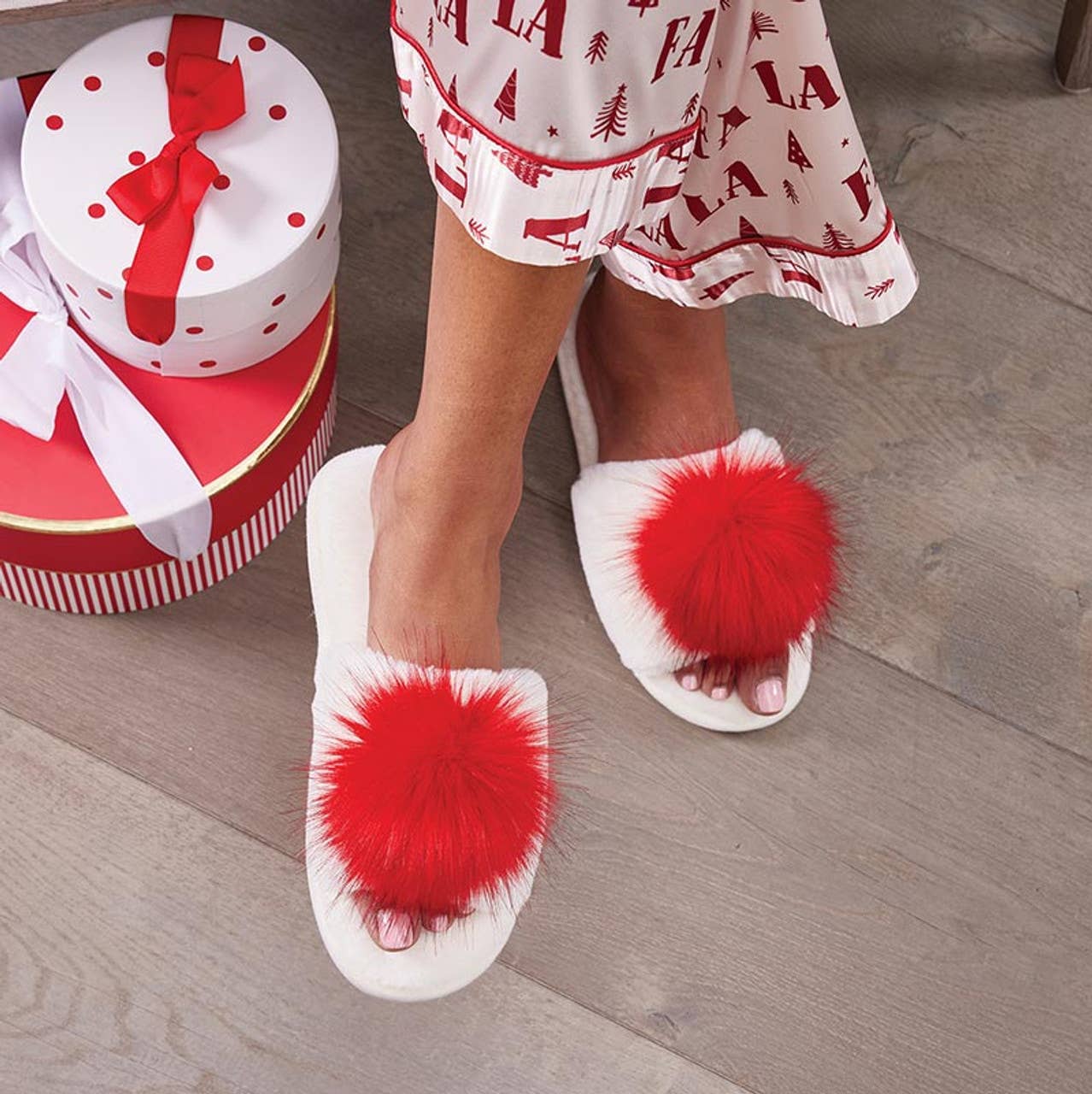 Plush Slippers - Ivory with Red Pom Pom