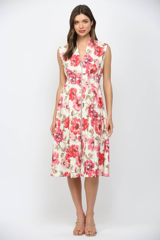 Floral Smocked Waist Front Zip Dress