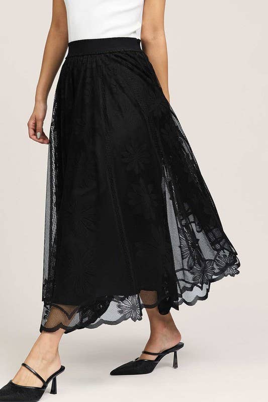 Floral Embroidered Mesh Midi Skirt - Black